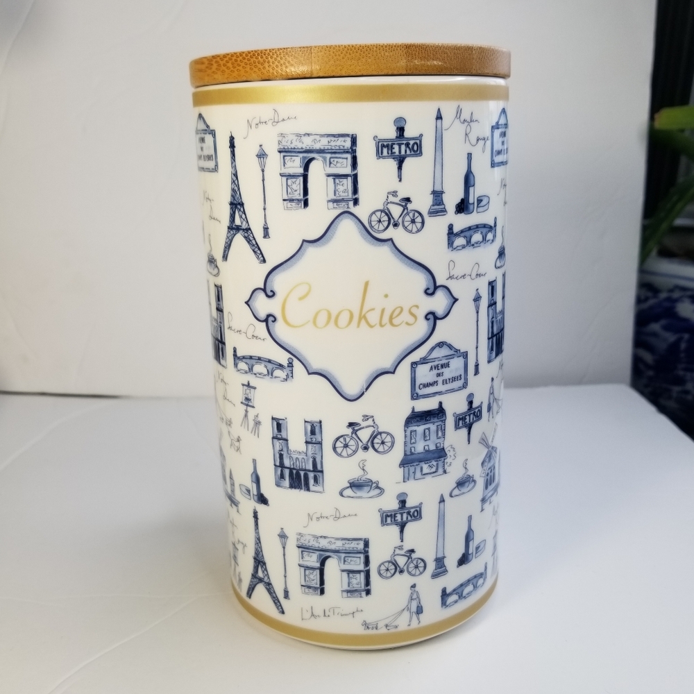 MILLY GREEN FRANCE SCENE COOKIES CONTAINER STORAGE DECOR JAR PORCELAIN CERAMIC